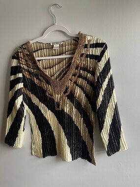 Vintage Y2K-era Alberto Makali top featuring pleated fabric v-neck long sleeves